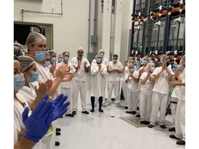 Employees in the production facility hear the news for the first time that Navaya has officially received its sales licence. Boisbriand, Quebec, October 13. Photo Credit: Navaya Inc.