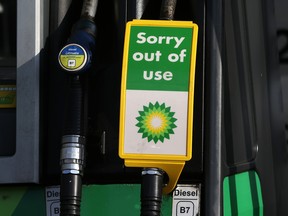 A sign reading 'Sorry out of use' on a diesel pump at petrol station in Brentwood, U.K. Gas stations in the United Kingdom are running out of fuel due to a shortage of truck drivers.