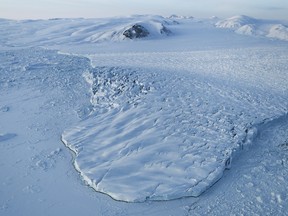 A glacier is seen from NASA's Operation IceBridge research aircraft on March 30, 2017 above Ellesmere Island, Canada.
