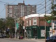 Stores in front of an apartment building on 55 Triller Avenue in the Parkdale neighborhood of Toronto on Aug. 20, 2021.