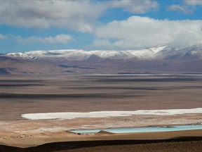 Brine pools used to extract lithium next to a lithium mining camp at the Salar del Rincon salt flat, in Salta, Argentina on Aug. 12, 2021.