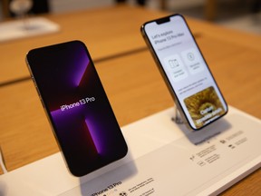 Apple iPhone 13 Pro smartphones for sale at a store in New York, U.S., on Sept. 24, 2021.