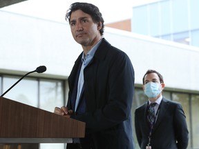 Prime Minister Justin Trudeau during a news conference at the Children's Hospital of Eastern Ontario in Ottawa on Oct. 21, 2021.