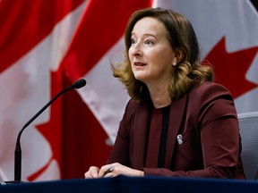 Former Bank of Canada Senior Deputy Governor Carolyn Wilkins speaks during a news conference in Ottawa, Oct. 28, 2020.