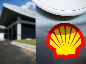 The logo of Royal Dutch Shell is shown during a launch event for a hydrogen electrolysis plant at Shell's Rhineland refinery in Wesseling near Cologne, Germany.