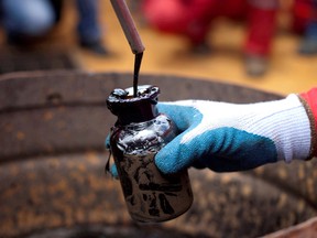 A worker collects a crude oil sample at an oil well operated by Venezuela's state oil company PDVSA in Venezuela.  Carbon Tracker says only a fifth of the 2.3 trillion tons of hydrocarbons could be extracted and used.