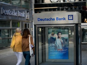 Advertisements for Deutsche Bank AG outside a bank branch in Berlin, Germany.