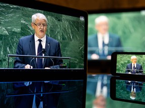 Marc Garneau, Canada's foreign minister, speaks during the United Nations General Assembly via live stream in New York, U.S., on Monday, Sept. 27, 2021.