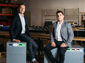 StromCore founders, Maxime Vidricaire, left, and Jonathan Dos Santos, right. StromCore makes batteries for forklifts in Mississauga, Ont.
