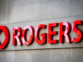 The Rogers logo at the company's head office in Toronto.
