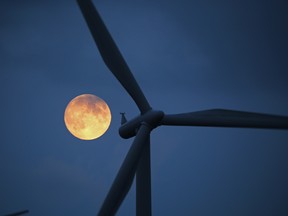The moon rises behind the turbines of Whitelees Windfarm on October 7, 2014 in Glasgow, Scotland.