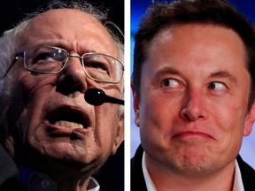 Tesla Inc Elon Musk, right, launched a series of insults at U.S. senator Bernie Sanders, left, over his call for billionaires to pay more in taxes.