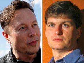 Michael Burry, right has sparred with Elon Musk, left, on Twitter multiple times in recent days.