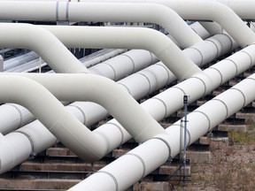 Pipework at a gas receiving station, operated by Gascade Gastransport GmbH, in Lebus, Germany.