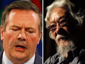 Alberta Premier Jason Kenney, left, and David Suzuki clashed over remarks the environmentalist, right, made about pipelines.