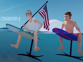 An avatar of Facebook CEO Mark Zuckerberg is seen carrying a U.S. flag while riding a hydrofoil in the "Metaverse" during a live-streamed virtual and augmented reality conference to announce the rebrand of Facebook as Meta.