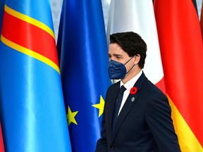 Prime Minister Justin Trudeau arrives for the G20 of World Leaders Summit on Oct. 30, 2021 at the convention center 'La Nuvola' in the EUR district of Rome.