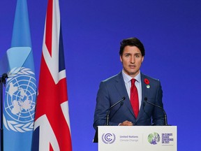 Prime Minister Justin Trudeau presents his national statement as part of the World Leaders' Summit of the COP26 UN Climate Change Conference in Glasgow, Scotland on Nov. 1, 2021.