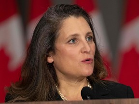 Deputy Prime Minister and Minister of Finance Chrystia Freeland speaks during a press conference in Ottawa on Oct. 26, 2021.