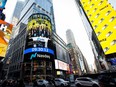 A screen displays the opening bell ceremony during the Hertz Corporation IPO at the Nasdaq Market site in Times Square in New York City, U.S., Nov. 9, 2021.