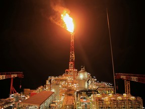 Kaombo Norte floating oil platform at night, off the coast of Angola, on Nov. 8, 2018.