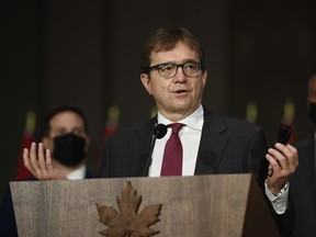 Minister of Natural Resources Jonathan Wilkinson responds to a question at a news conference in Ottawa on Oct. 26, 2021.