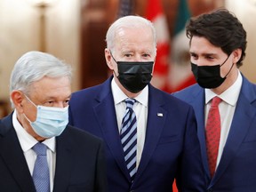 U.S. President Joe Biden, Canada's Prime Minister Justin Trudeau, and Mexico's President Andres Manuel Lopez Obrador meet for the North American Leaders' Summit at the White House in Washington, U.S. on Nov. 18, 2021.