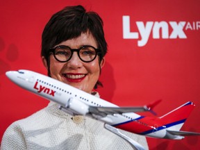 Merren McArthur, CEO of Lynx Air, announces the startup of the new airline in Calgary on Nov. 16, 2021.