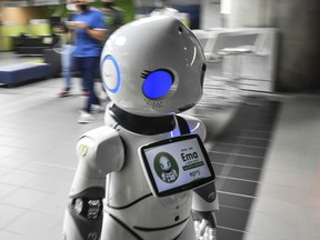 A robot known as Ema is tested at the Empresas Publicas de Medellin headquarters in Medellin, Colombia, on Sept. 22, 2021.