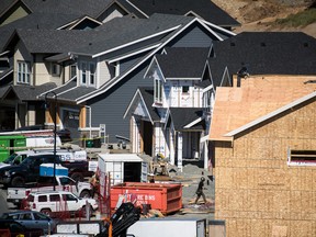 Homes under construction in a development in Langford, B.C., on April 21, 2021.