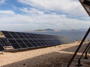Photovoltaic panes at a solar power plant on the island of Halki, Greece, on Nov. 5, 2021.