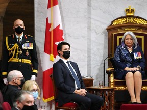 Prime Minister Justin Trudeau looks up after Gov. Gen. Mary Simon delivered the Throne Speech in the Senate in Ottawa on Nov. 23, 2021.