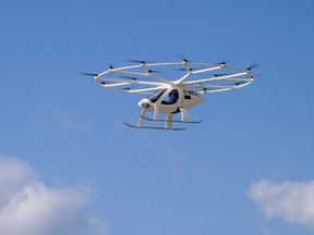 Germany-based company Volocopter 2X's air taxi during a demonstration of South Korea's Urban Air Mobility services at Gimpo International Airport in Seoul on Nov. 11, 2021.