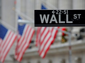 A street sign for Wall Street outside the New York Stock Exchange in Manhattan, New York City on Dec. 28, 2016.