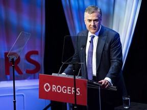 Rogers Communications CEO Joe Natale speaks to shareholders during the Rogers annual general meeting in Toronto on Friday, April 20, 2018.