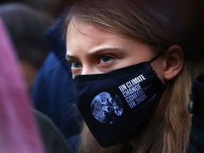 Swedish climate activist Greta Thunberg takes part in a protest at Festival Park in Glasgow on the sidelines of the COP26 UN Climate Summit on November 1, 2021.