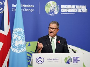 COP26 President Alok Sharma speaks during a press conference outside the Plenary Hall at the close of COP26 at SECC on November 13, 2021 in Glasgow, Scotland.