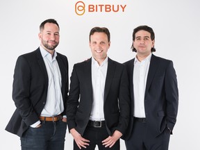 Bitbuy COO Jordan Anderson, left, CEO Michael Arbus, and president Dean Skurka. Bitbuy is the first Canadian crypto marketplace to be fully registered with the Ontario Securities Commission (OSC).