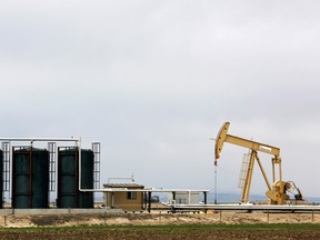 An oil and gas pump jack near Granum, Alberta, on May 6, 2020.