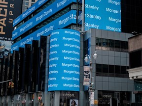 Morgan Stanley digital signage is displayed on the exterior of the company's headquarters in New York, U.S., on April 12, 2018.