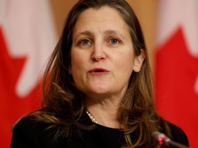 Canada's Deputy Prime Minister and Minister of Finance Chrystia Freeland speaks at a news conference in Ottawa, Nov. 24, 2021.