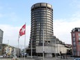 The tower of the headquarters of the Bank for International Settlements in Basel, Switzerland, March 18, 2021.