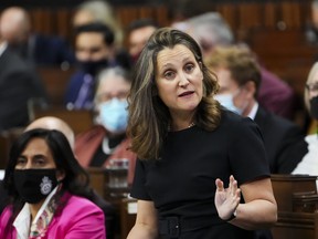 Minister of Finance Chrystia Freeland speaks during question period in the House of Commons on Parliament Hill in Ottawa on Nov. 30, 2021.