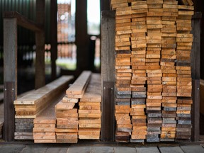 Stacks of cut boards at a sawmill in Sooke, B.C., on Oct. 27, 2021.