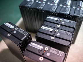 Lithium ion batteries sit at the Electrovaya Inc. headquarters in Mississauga, Ont., on March 1, 2018.