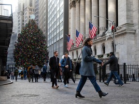 Holiday decorations in front of the New York Stock Exchange in New York, U.S., on Dec. 13, 2021.