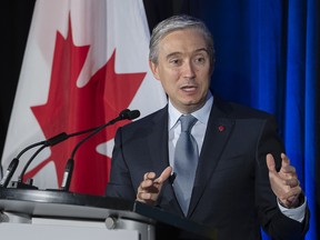 Francois-Philippe Champagne, Canada's minister of Innovation, Science and Industry, delivers remarks at a Maritime Launch Services news conference in Halifax on Nov. 19, 2021.