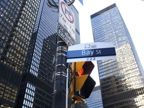 A 'Bay Street' sign in the financial district of Toronto on Feb. 21, 2020.
