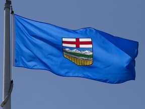 Alberta's provincial flag flies on a flag pole in Ottawa.