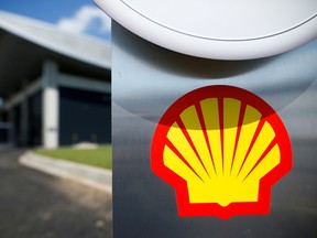 The logo of Royal Dutch Shell is pictured during a launch event for a hydrogen electrolysis plant at Shell's Rhineland refinery in Wesseling near Cologne, Germany.